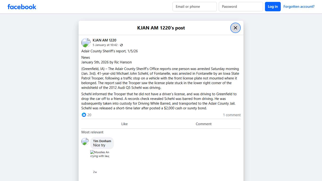 KJAN AM 1220 - Adair County Sheriff’s report, 1/5/26 News... Facebook